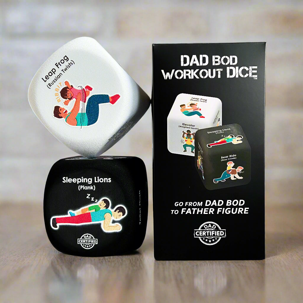 Dad Bod Workout Dice with packaging